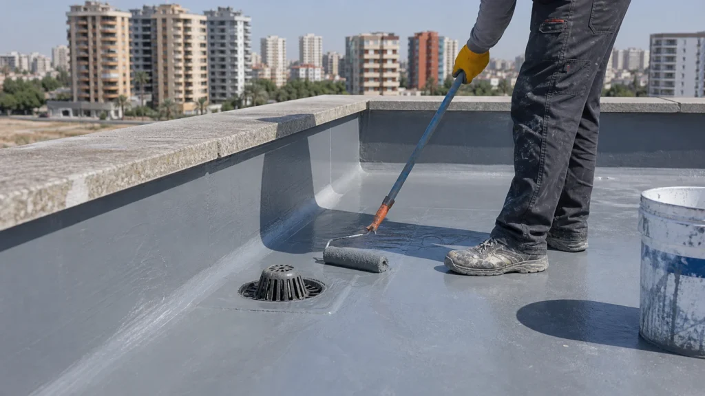 Adana çatı su yalıtımı için süzgeç ve parapet çevresinde sürme membran uygulaması